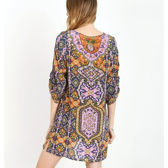 Tolani Tessa Silk Tunic Dress Size Small Tasseled V-Neckline 3/4 Sleeves Boho - Picture 3 of 11